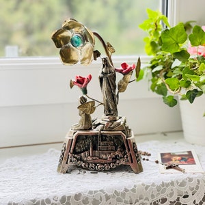 Antique French Virgin Mary statue of Lourdes , Art Deco Virgin Mary Our Lady and Bernadette Statue Catholic Religious Statue with pink roses