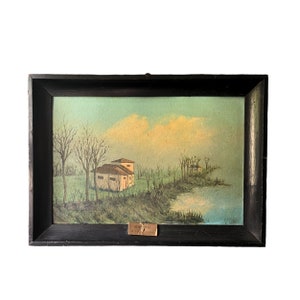 Pintura de paisaje italiana antigua firmada, pintura de paisaje italiana con marco negro, Corca Milano, Italia, paisaje firmado, década de 1940