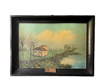 Cuadro antiguo italiano de paisaje firmado, enmarcado, de la década de 1940.