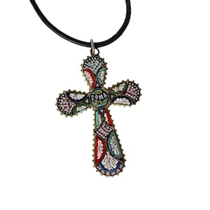 Antique Italian Micro Mosaic Cross Pendant &quot;Roma&quot; Souvenir Necklace , Grand Tour Victorian Micro Mosaic Cross Religious Pendant from Rome
