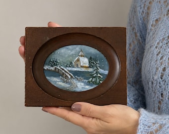 Vintage Winter Cabin Oil Painting , Miniature Snowy Chapel Landscape in Dark Wood Frame , Rustic Cottage Decor Christmas Gift
