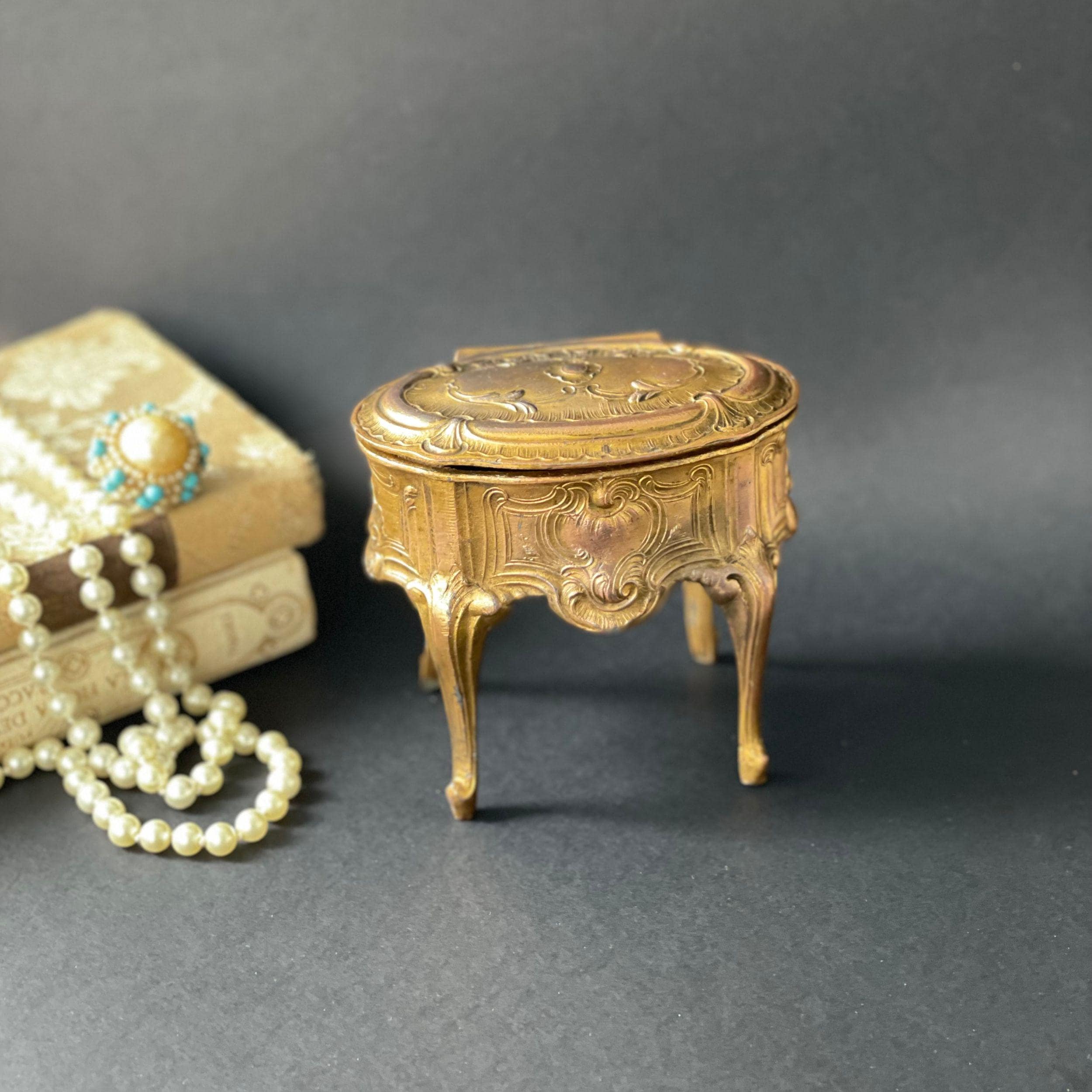 Antique French Footed Jewelry Box , Napoleon III Ormolu Jewelry Casket , 1890's Ornate Vanity Ring Box Wedding jewelry box Wedding day decor