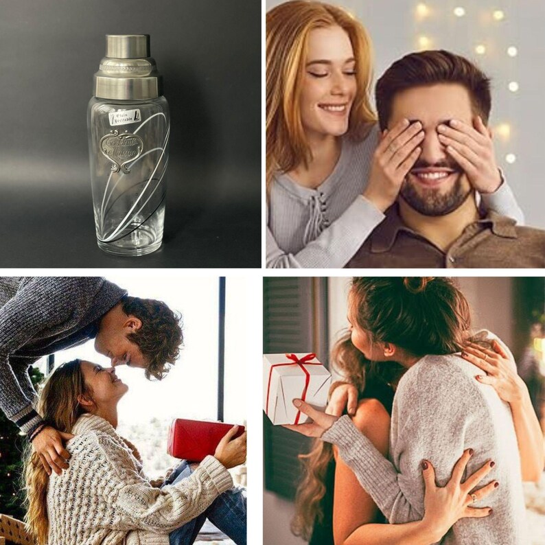 May include: A clear glass cocktail shaker with a silver lid and base. The shaker has a decorative heart design with a silver outline. The image also shows four photos of couples, including a woman giving a gift.