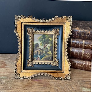 Vintage Italian Countryside Oil Painting: Florentine Landscape in Baroque Frame