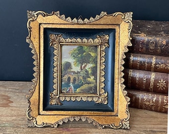 Vintage Italian Oil Painting, Florentine Landscape, Baroque Wood Frame, Signed Giovana