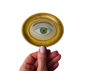 Original Lover's Eye Oil Painting in Vintage wood oval frame , Miniature Oil Painting Green Eye Oval Frame , Framed Magical eye Oil Painting