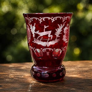 May include: A deep red glass vase featuring intricate white etched detailing. The design includes a central leaping deer motif surrounded by floral patterns and geometric shapes. The glass has a flared rim and a rounded base with circular accents.