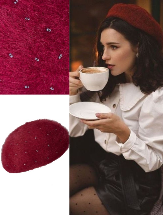 Vintage Italian Claret Beret for Women , Wool Ang… - image 3
