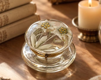Antique Bohemian Glass Trinket Box with Edelweiss Flowers , Hand Painted Floral Dresser Box Jewelry Casket 19th Century
