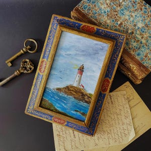 Pintura al óleo de faro con marco de madera ornamentado florentino, pintura al óleo de paisaje marino de faro italiano con marco antiguo, regalo de temática marítima