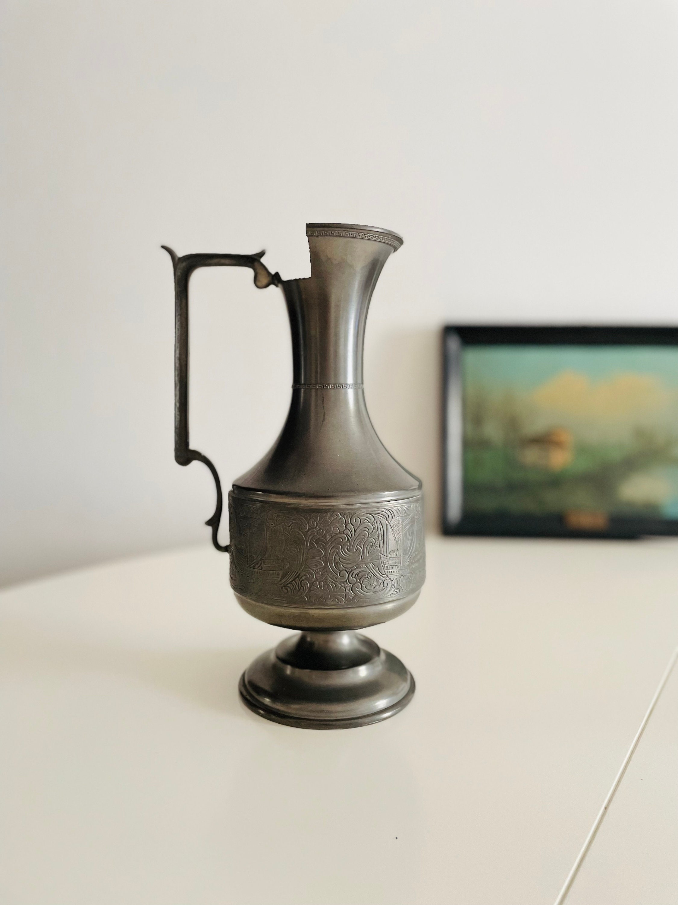 Vintage Pewter Pitcher Vase Italian Pewter Water Pitcher , Ornate Pewter Water Jug Rustic Country Kitchen Decor , Pewter Water Carafe