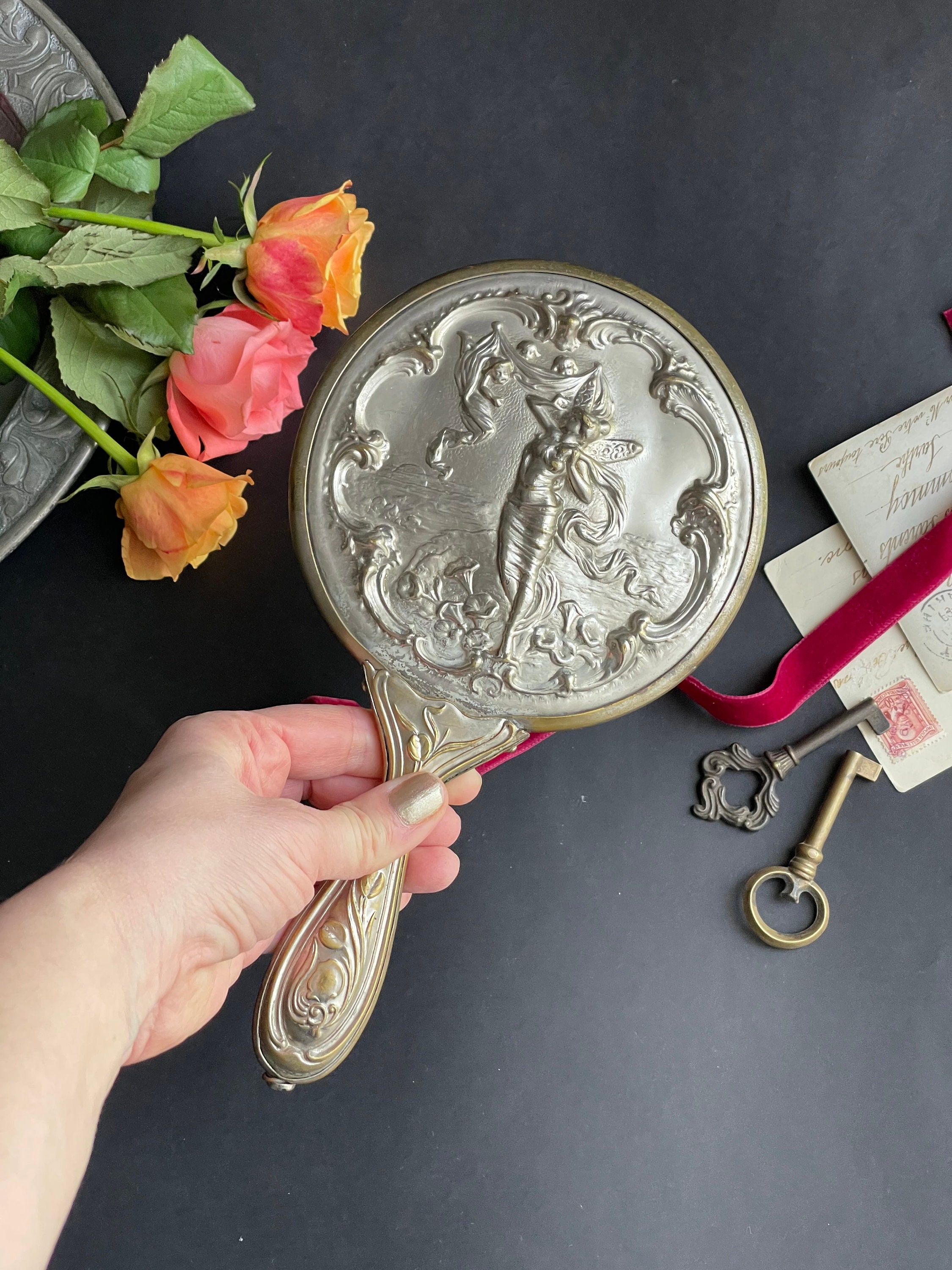 Rare Antique Art Nouveau Hand Mirror French Silver Plated Etsy