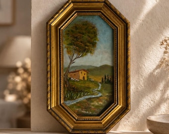 Vintage Italian Oil Painting The Country Meadow with Gilt Frame , Framed Tuscan Valleys Art , Fields and Trees Cottage Wall Decor