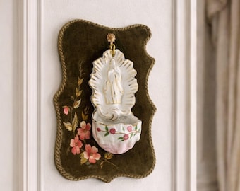 Antique Victorian Porcelain Holy Water Font with Velvet Plaque , Italian Handmade Religious Art
