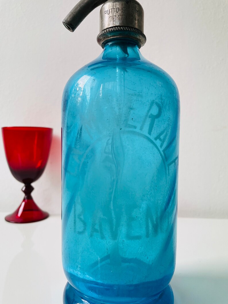 Antique Italian Seltzer Bottle Blue Soda Siphon , Art Deco Green Glass