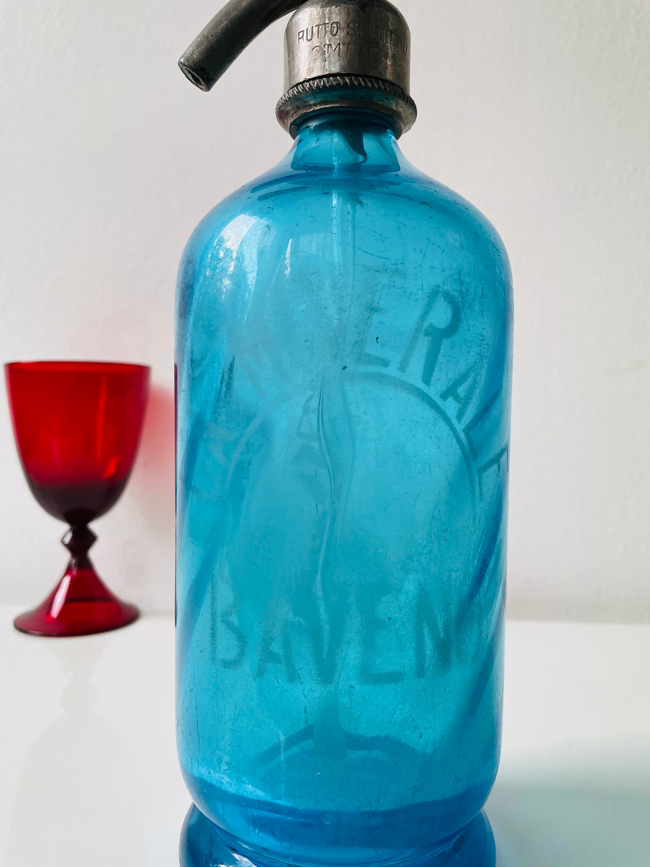 Antique Italian Seltzer Bottle Blue Soda Siphon , Art Deco Green Glass