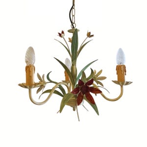 Vintage Florentine Floral Tole 3 Light Chandelier , Italian Metal Hand painted Green Leaf and Flowers Tole Pendant Ceiling Light 3 Arms