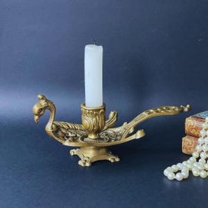 Antique Peacock French Chamber Candlestick Holder , Brass Victorian Pheonix Candlestick,To Bed Chamberstick with Handle France cottage decor