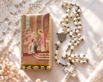 Antique Italian Prayer Book and Rosary , Small Celluloid Catholic Book with Rosary , Vintage Religious Devotional Set First Communion Gift