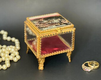 Boîte à Bijoux Ancienne En Laiton Et Verre Biseauté - Vue Du Palais De Fontainebleau