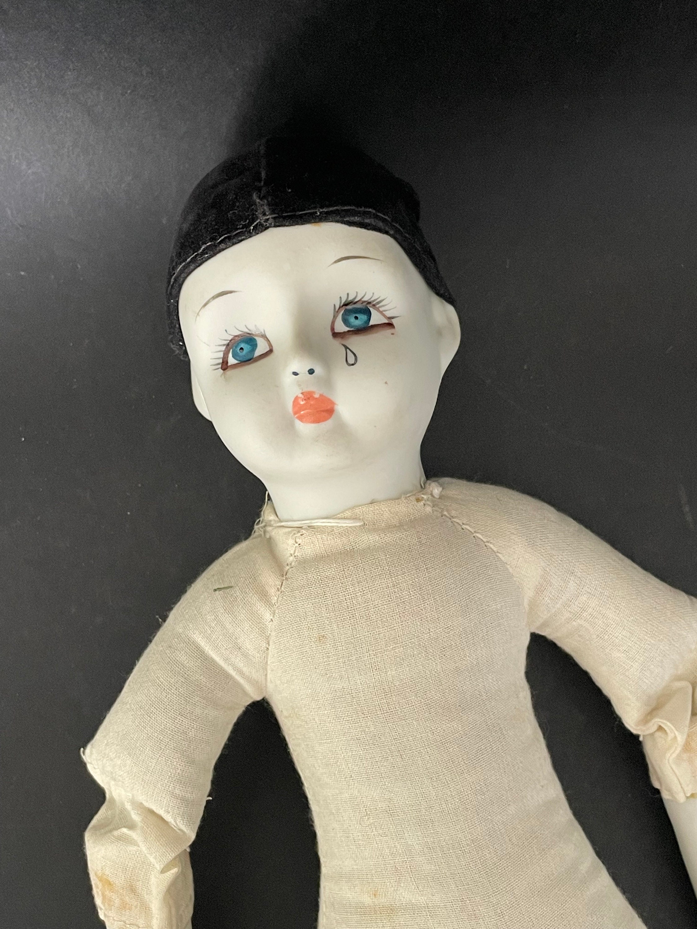 アンティークイタリア製ピエロ人形：大きな磁器製ピエロ人形、15.25