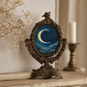 Original Moon and Stars Original Oil Painting in Antique Ornate Victorian Table Mirror , Gothic Night Sky Art , Dark Academia Decor