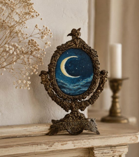 Original Moon and Stars Original Oil Painting in Antique Ornate Victorian Table Mirror , Gothic Night Sky Art , Dark Academia Decor