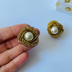 Vintage Earrings Clip with Pearls with Gold Beads , Italian Pearls Earrings Clip 1980&#39;s Fashion Accessory , Golden Knot Pearls Earrings Clip