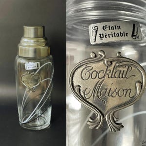Vintage French Glass Cocktail Shaker , Glass and Pewter Shaker Bar Accessories, Cocktail Shaker Bar Cart Decor Wedding Party Cocktail Shaker