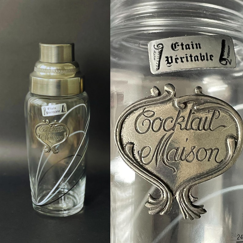 Vintage French Glass Cocktail Shaker , Glass and Pewter Shaker Bar Accessories, Cocktail Shaker Bar Cart Decor Wedding Party Cocktail Shaker