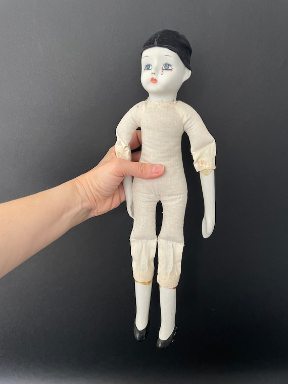 アンティークイタリア製ピエロ人形：大きな磁器製ピエロ人形、15.25