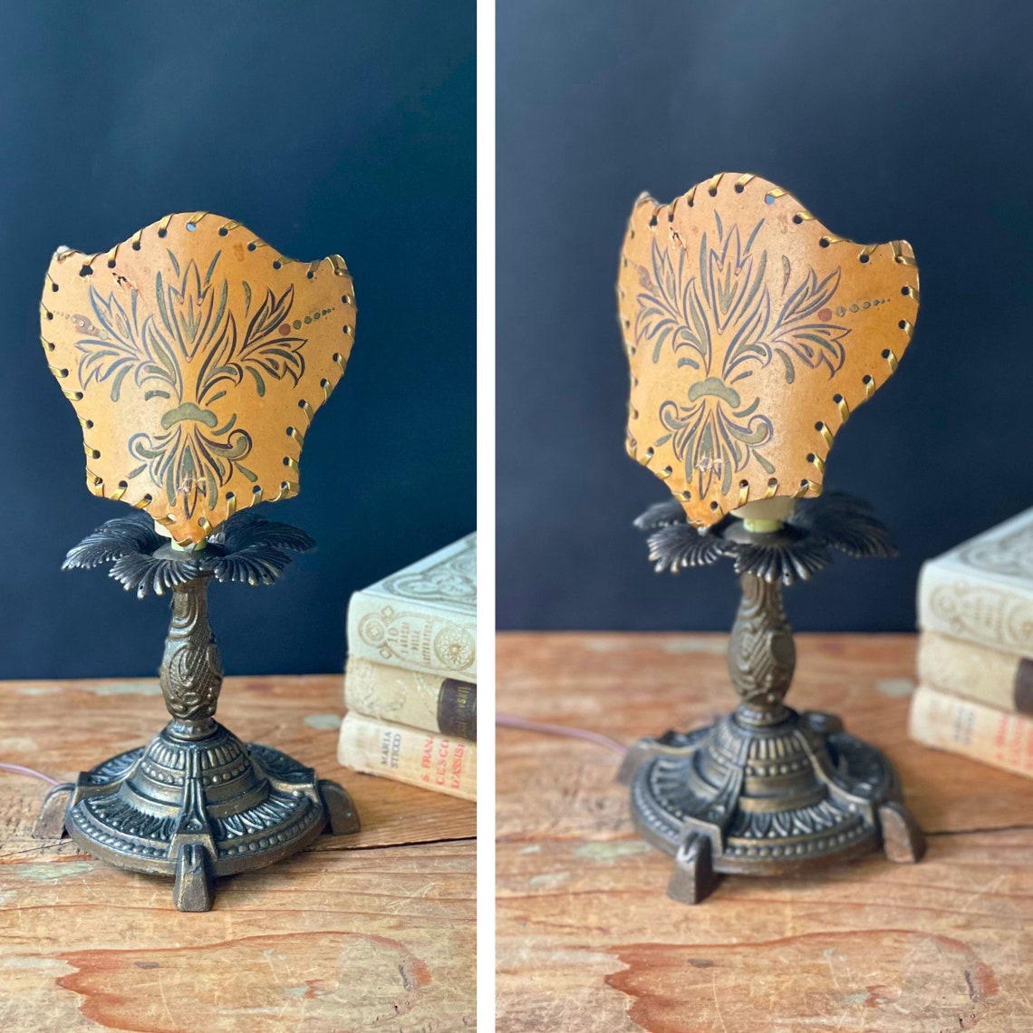 Vintage Italian Florentine Table Lamp: Renaissance Hand-Painted Shade, foto 4 di 5