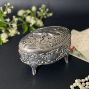 Antique French Silver Plated Jewelry Box with Bird and Love Letter , Ornate Victorian Trinket Box Velvet Lined Anniversary Romantic Gift
