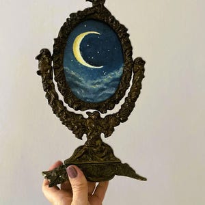 Original Moon and Stars Original Oil Painting in Antique Ornate Victorian Table Mirror , Gothic Night Sky Art , Dark Academia Decor