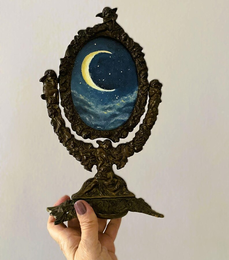 Original Moon and Stars Original Oil Painting in Antique Ornate Victorian Table Mirror , Gothic Night Sky Art , Dark Academia Decor