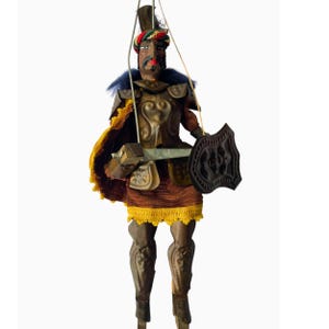Vintage Italian Knight Black Puppet Doll , Hand made Sicilian Wood Soldier Marionette , Moor Knight In Armor Puppet Marionette Artistic Doll