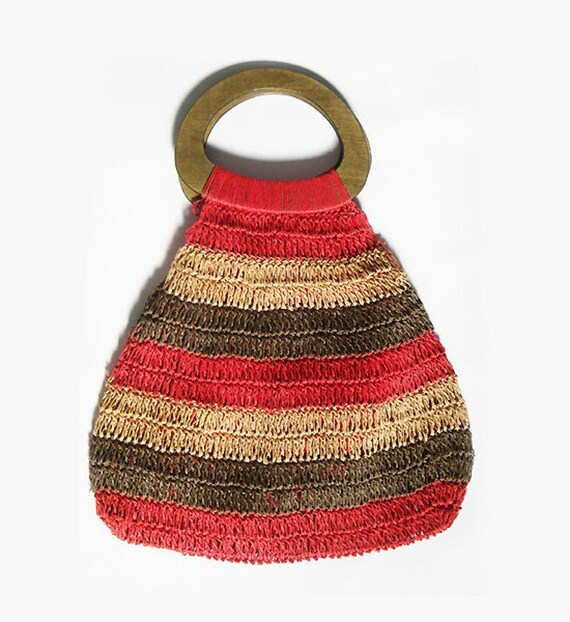 Vintage Crochet Boho Bag with Wooden Handles , Ha… - image 2