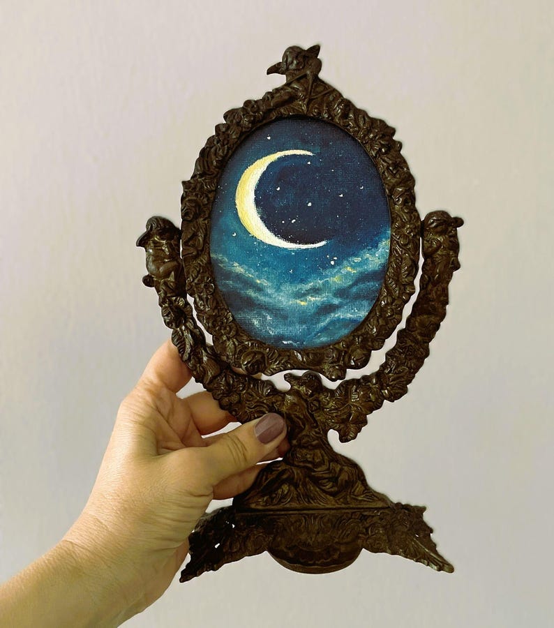 Original Moon and Stars Original Oil Painting in Antique Ornate Victorian Table Mirror , Gothic Night Sky Art , Dark Academia Decor
