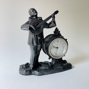 Antique Italian Mechanical Mantle Clock Art Deco style , Rare Art Deco Harlequin Mantel Clock , Pierrot playing lute Figurine Tabletop Clock