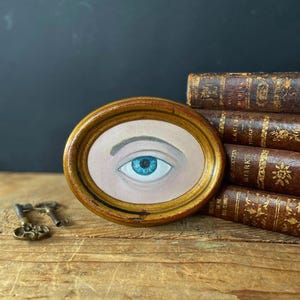 Lover&#39;s Eye Oil Painting in Vintage wood oval frame , Italian Miniature Oil Painting Blue Eye Oval Frame , Framed Magical eye Oil Painting