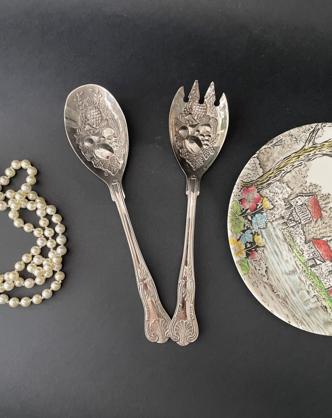 Ensemble De Couverts à Salade Ancien – Verre Et Argent Anglais – Sans Marque