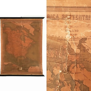 Antica, autentica e rara mappa del Nord America a scomparsa, mappa del Nord America a scomparsa del 1893, grande mappa scolastica arrotolata dell'America del XIX secolo