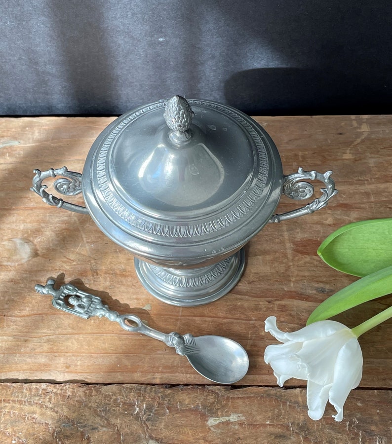 Vintage Ornate Sugar Bowl With Spoon Italian Pewter Sugar Etsy