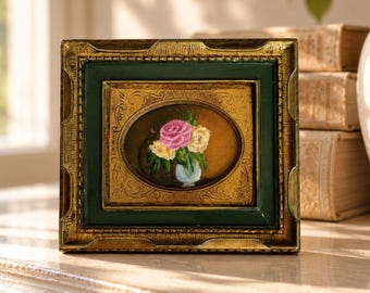 Italian Roses Miniature Oil Painting in Vintage Ornate Florentine Gold Frame , Small Original Romantic Floral Art, Classic Floral still life