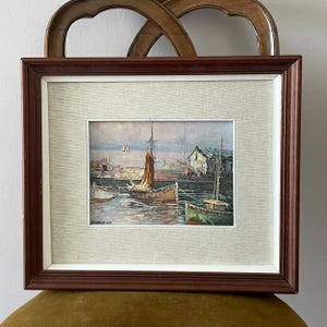 Vintage Oil Painting Fishing Boats in Harbor , Mid century Signed Seascape oil Painting Docked Fishing Boats Coastal Art Fisherman aesthetic