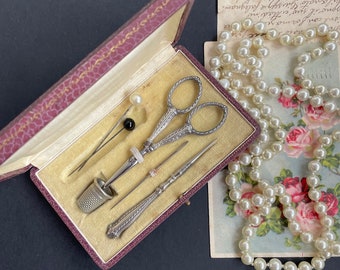 Antique Art Deco Silver Sewing Set in Original Case , Italian Necessities Set Boxed ,  Antique Sewing and Needlework Tools Sewing Lover Gift