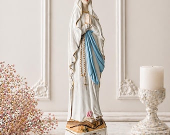 Zabytkowa francuska figura Matki Boskiej z Lourdes, porcelanowa figurka Madonny z różańcem, dekoracja religijna, sztuka sakralna