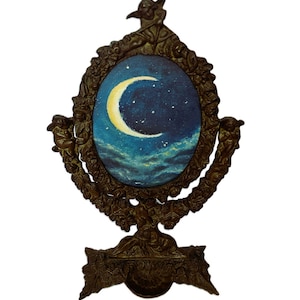 Original Moon and Stars Original Oil Painting in Antique Ornate Victorian Table Mirror , Gothic Night Sky Art , Dark Academia Decor