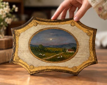 Original Vintage Tuscan Sheep Oil Painting Framed , Florentine Rustic Italian Farmhouse Gallery Wall Art , Moody Countryside Decor