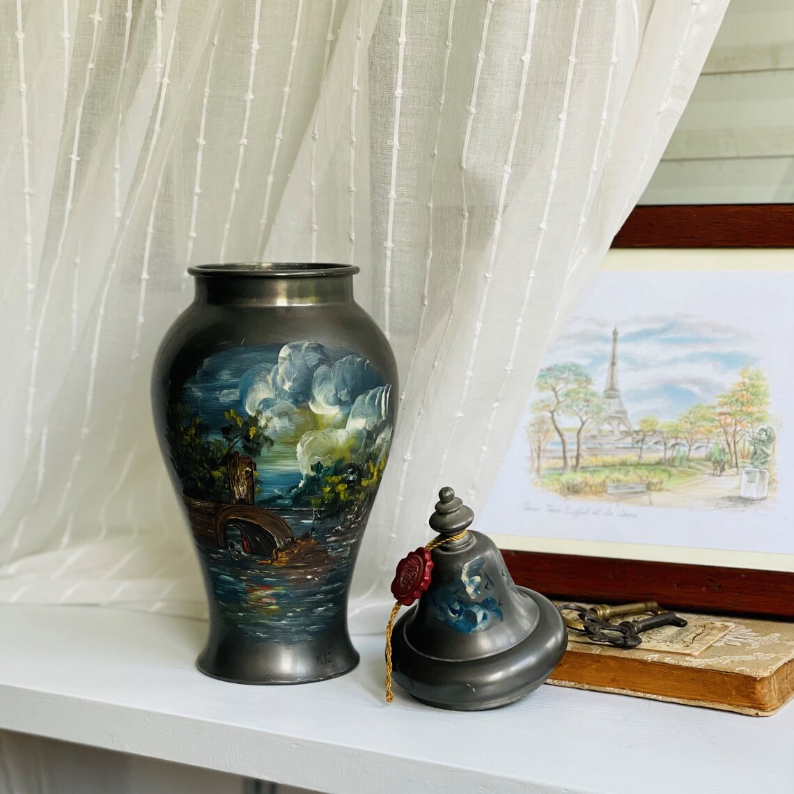 Vintage Pewter Urn Vase With Oil Painting Decor Decorative Etsy